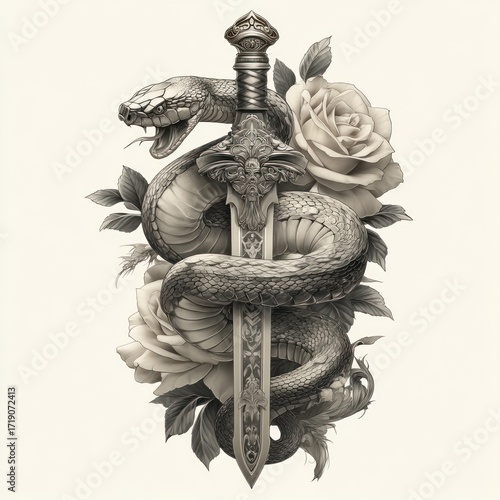 Snake sword rose tattoo design