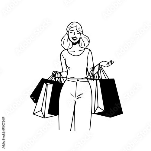 Black and white line art of a beautiful happy woman carrying shopping bags minimalist cheerful illustration