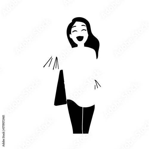 Black and white line art of a beautiful happy woman carrying shopping bags minimalist cheerful illustration