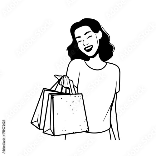 Black and white line art of a beautiful happy woman carrying shopping bags minimalist cheerful illustration