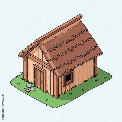 Charming rustic wooden cabin with thatched roof evokes cozy, natural, and simple living vibes for your projects.