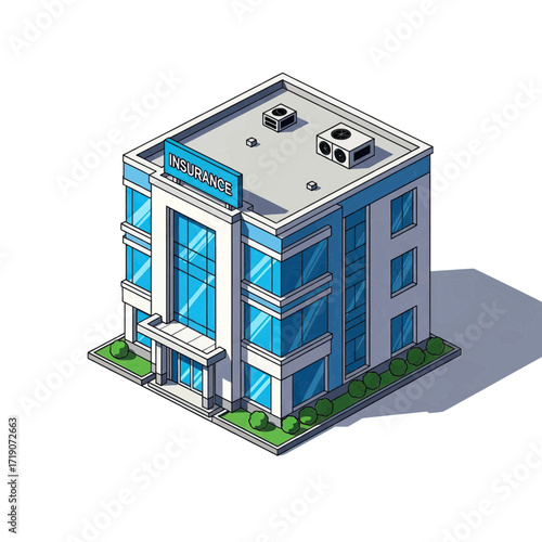 Modern insurance building facade with blue glass windows and prominent signage, conveying trust and professionalism for financial services.