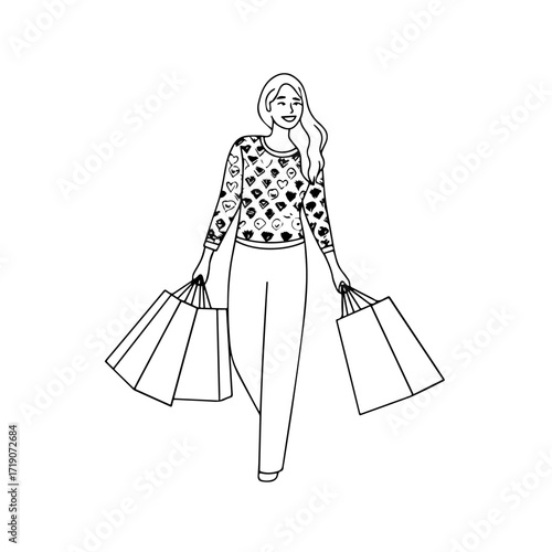 Black and white line art of a beautiful happy woman carrying shopping bags minimalist cheerful illustration