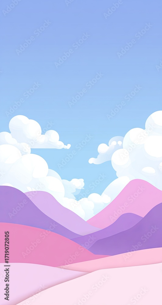Fototapeta premium Pastel pink and purple mountains under a light blue sky with fluffy white clouds; minimalist, stylized landscape