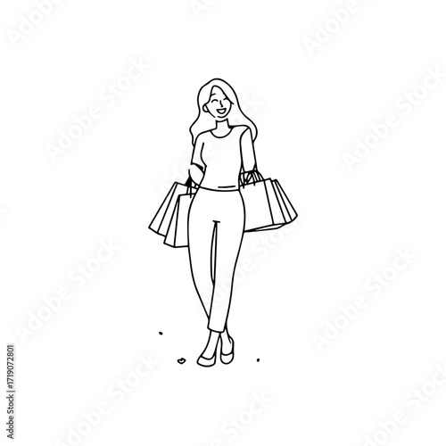 Black and white line art of a beautiful happy woman carrying shopping bags minimalist cheerful illustration