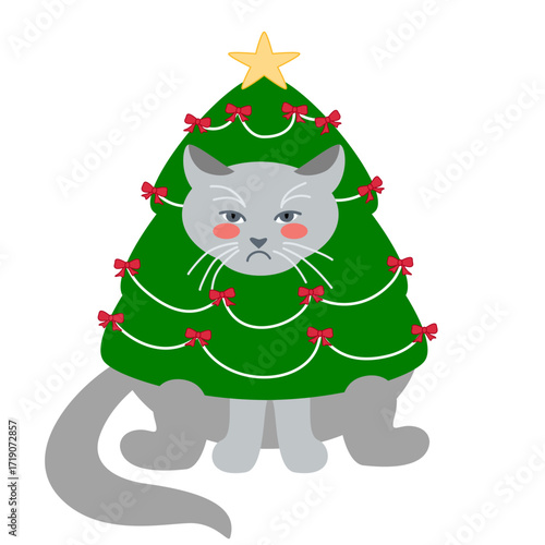 Vector illustration of a grumpy Christmas cat dressed as a decorated tree with a golden star, red bows, and garlands. Playful festive design for holiday cards, decor, prints, and seasonal projects.