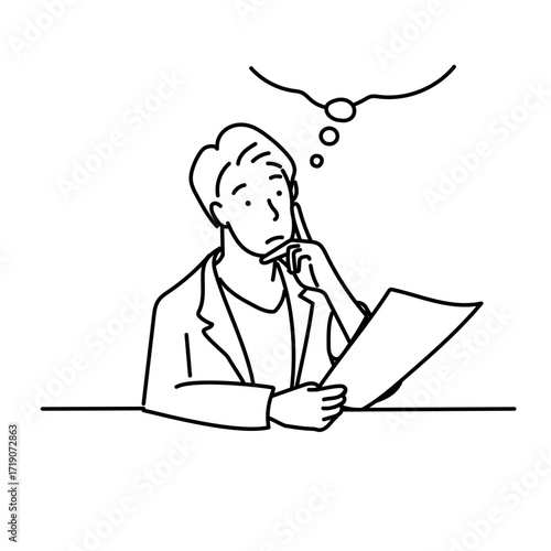 男性医師が書類を手に取り真剣に考え込む線画イラスト｜診断や研究における不安や決断を表し、医療現場や教育素材に適した白背景のベクター