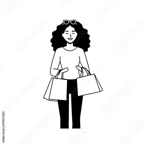 Black and white line art of a beautiful happy woman carrying shopping bags minimalist cheerful illustration
