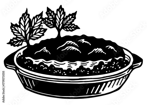 Shepherd’s Pie Silhouette in Dish, Comfort Meal SVG, PNG