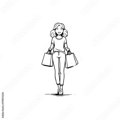 Black and white line art of a beautiful happy woman carrying shopping bags minimalist cheerful illustration