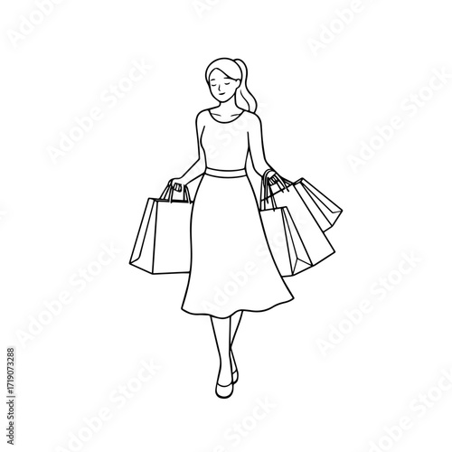 Black and white line art of a beautiful happy woman carrying shopping bags minimalist cheerful illustration