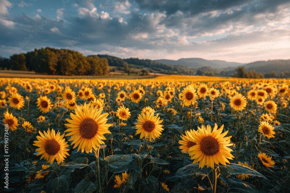 Obraz premium Sunflowers filling a rural field under a warm sunset light and cloudy sky