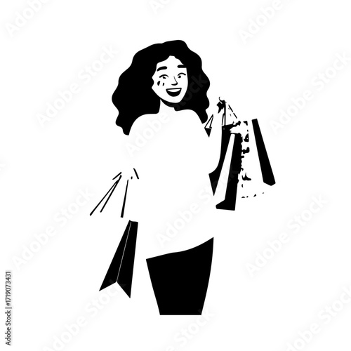 Black and white line art of a beautiful happy woman carrying shopping bags minimalist cheerful illustration