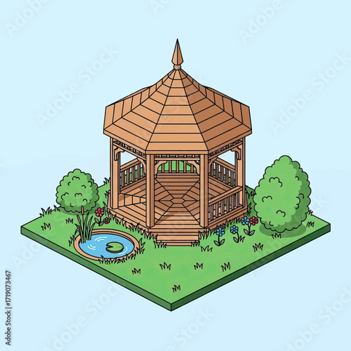 Charming wooden gazebo nestled amidst a vibrant garden with a tranquil pond and blooming flowers, perfect for serene outdoor retreats.