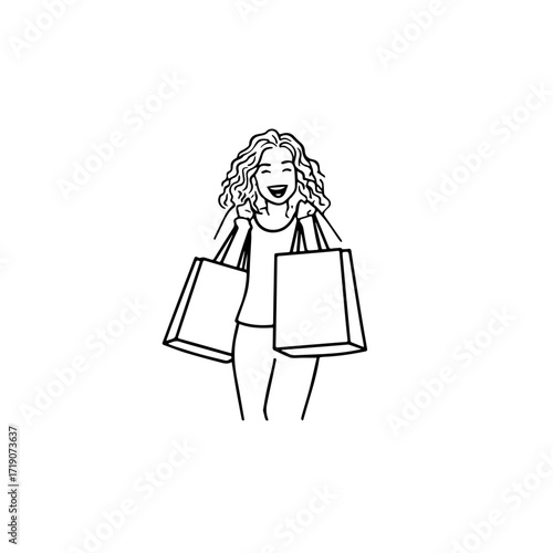 Black and white line art of a beautiful happy woman carrying shopping bags minimalist cheerful illustration
