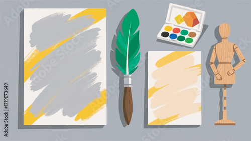 Illustration Of Two Canvases And Brushes With Wooden Mannequin Statue Vector Design Template