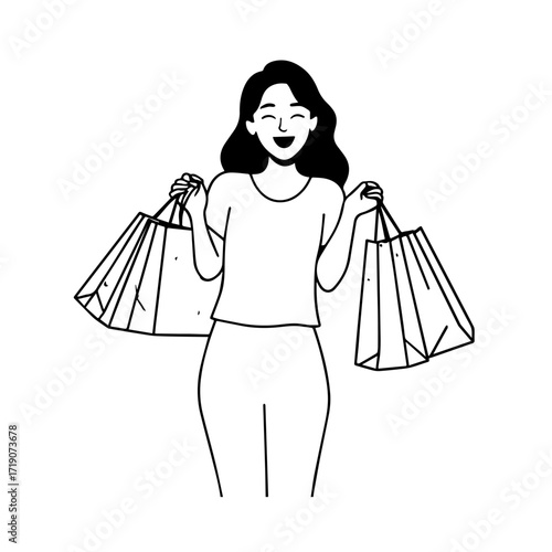 Black and white line art of a beautiful happy woman carrying shopping bags minimalist cheerful illustration