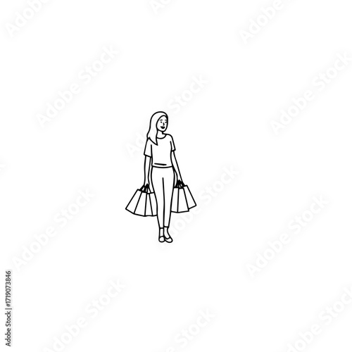 Black and white line art of a beautiful happy woman carrying shopping bags minimalist cheerful illustration