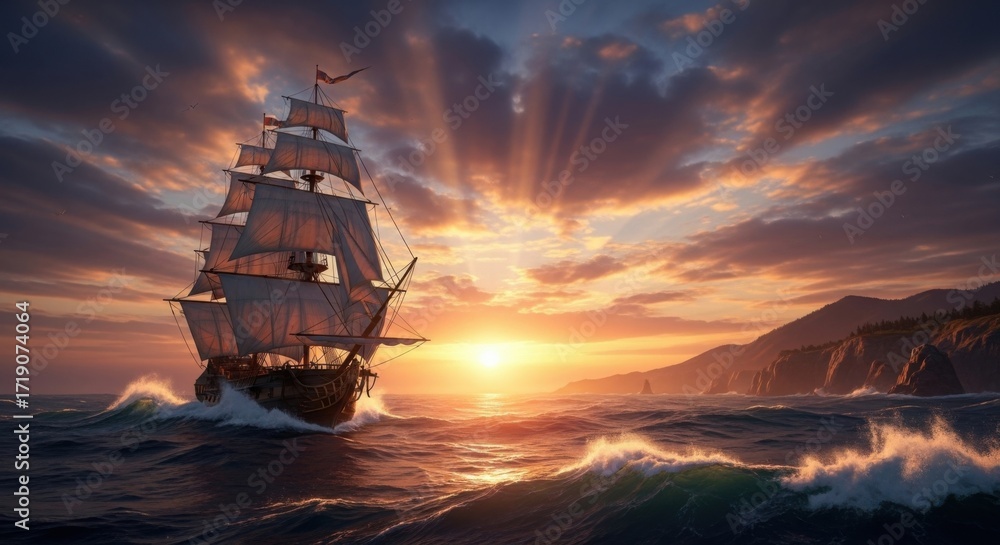 Obraz premium Majestic Sailboat Navigates Ocean Waves During Golden Hour