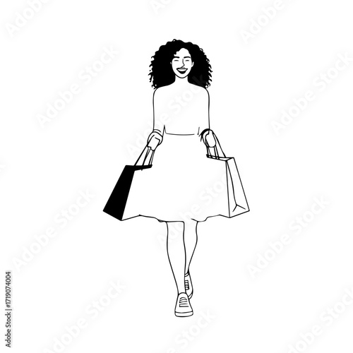 Black and white line art of a beautiful happy woman carrying shopping bags minimalist cheerful illustration