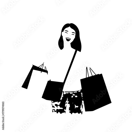 Black and white line art of a beautiful happy woman carrying shopping bags minimalist cheerful illustration