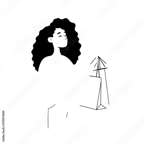 Black and white line art of a beautiful happy woman carrying shopping bags minimalist cheerful illustration
