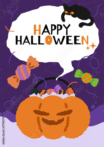 Cute Halloween Poster with Pumpkin Basket, Candy and Black Cat