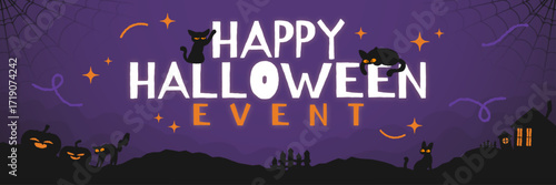 Spooky Halloween Banner with Black Cats, Pumpkins and Haunted House