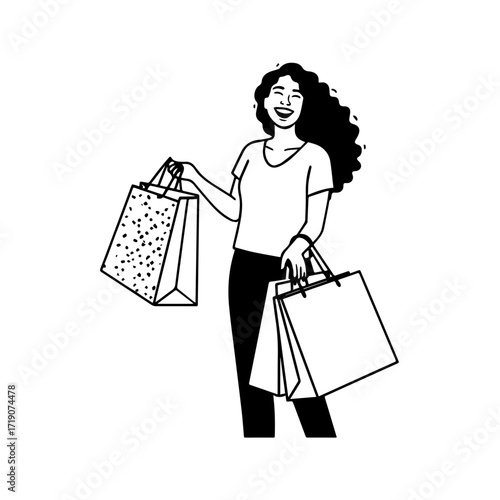 Black and white line art of a beautiful happy woman carrying shopping bags minimalist cheerful illustration