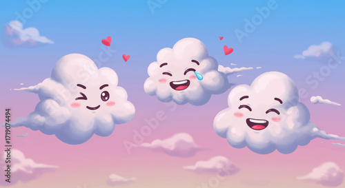 This whimsical digital illustration captures a trio of playful cartoon clouds, each sporting a distinct happy emoji expression, interacting joyfully in a pastel, dreamlike sky. 
