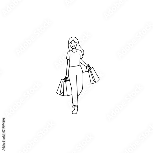 Black and white line art of a beautiful happy woman carrying shopping bags minimalist cheerful illustration