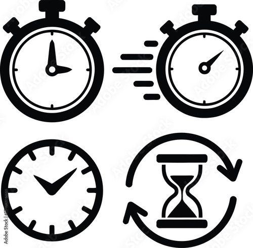 Vector art of set of four icons representing time, speed, and hourglass