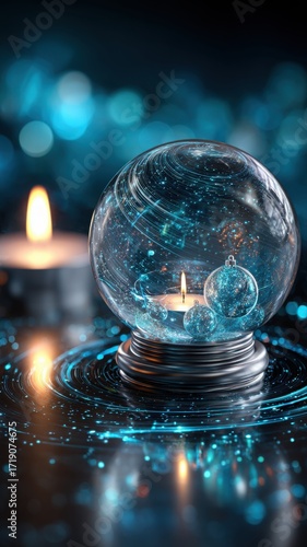 Wallpaper Mural Minimalistic snow globe hologram above black reflective surface glowing softly Torontodigital.ca