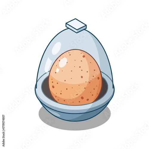 Futuristic incubator cradles a speckled egg, symbolizing new beginnings and innovation in a clean, modern design