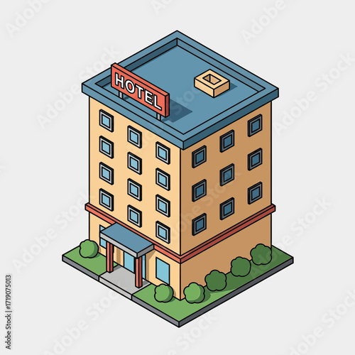Modern hotel building illustration with inviting entrance and clear signage, perfect for travel and hospitality marketing