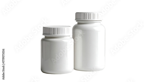 Two white plastic supplement bottles, one smaller than the other, with white ribbed lids, isolated on a black background