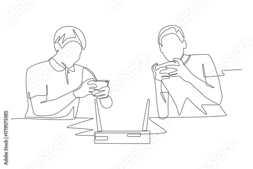 Friends playing mobile games are connected on the same network. Friends’ lan concept one-line drawing