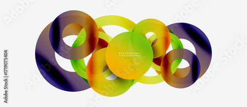Abstract colorful circles overlap creating dynamic visual effect. Gradient shades blend smoothly, forming modern design element.