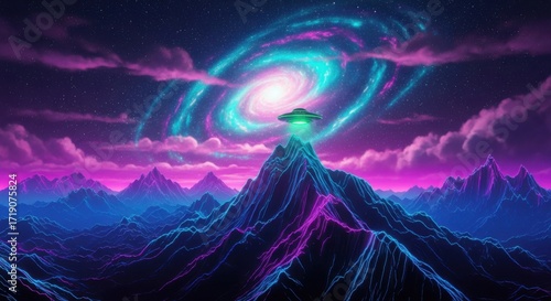 Alien spaceship hovers over luminous mountain peak under swirling galaxy