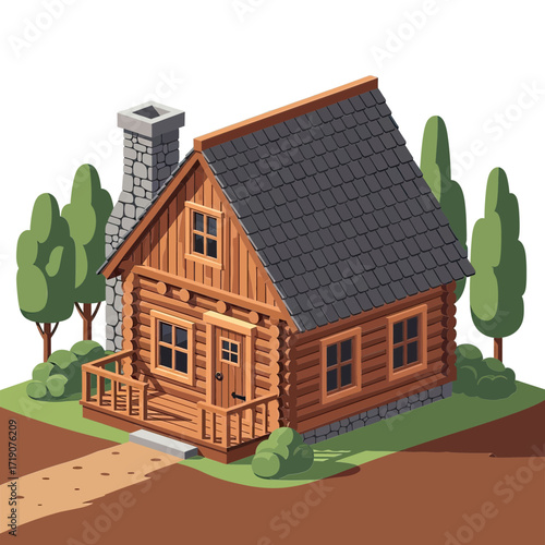 Charming rustic log cabin nestled amongst lush green trees offering peaceful retreat and cozy living, perfect for nature lovers seeking tranquility.
