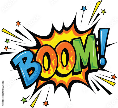 Vector art of comic book style boom word with stars and rays