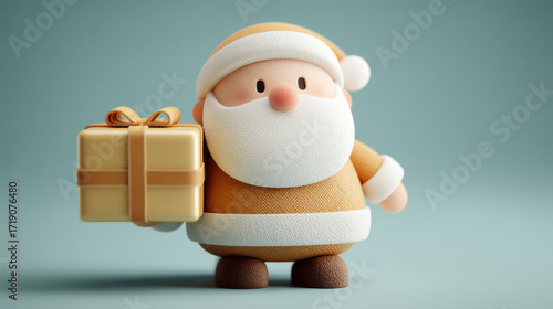 Cute Santa Claus figurine holding gift box, wearing festive outfit with cheerful expression