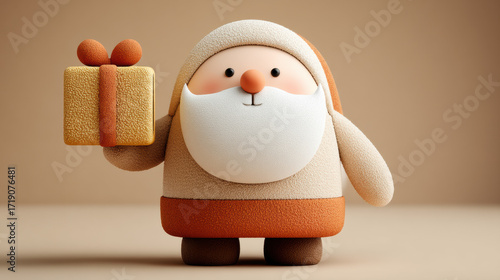 Cute Santa Claus figurine holding gift, with textured surface and warm colors, evokes festive and joyful holiday spirit