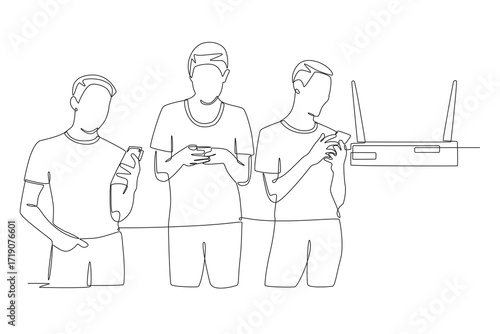 Friends playing smartphone connected on the same network. Friends’ lan concept one-line drawing
