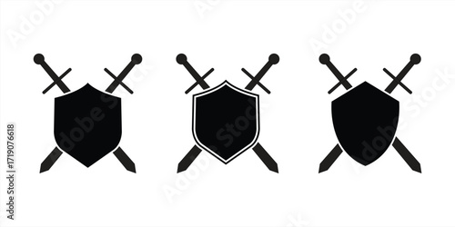 Icon set of shields with sword silhouettes. Vector illustration