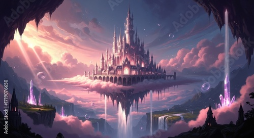 Ethereal Fantasy Castle Floating Among Clouds and Light Rays
