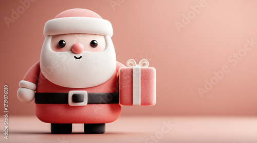 Cute Santa Claus figurine holding gift box on soft pink background, evoking festive and joyful holiday spirit