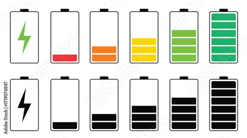 Battery charge level icons collection vector isolated on transparent background