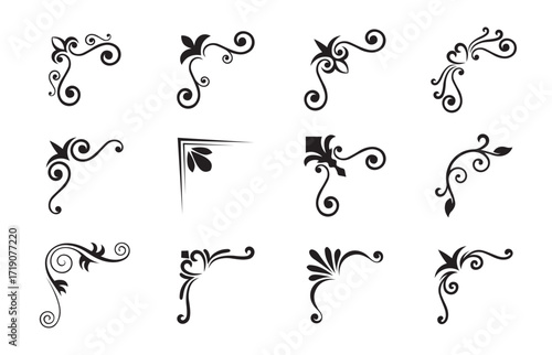 Decorative floral corner ornaments swirl design vector isolated on transparent background