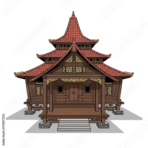 Exquisite traditional Indonesian house with intricate wooden architecture and tiered red roof, showcasing cultural heritage and historical design.